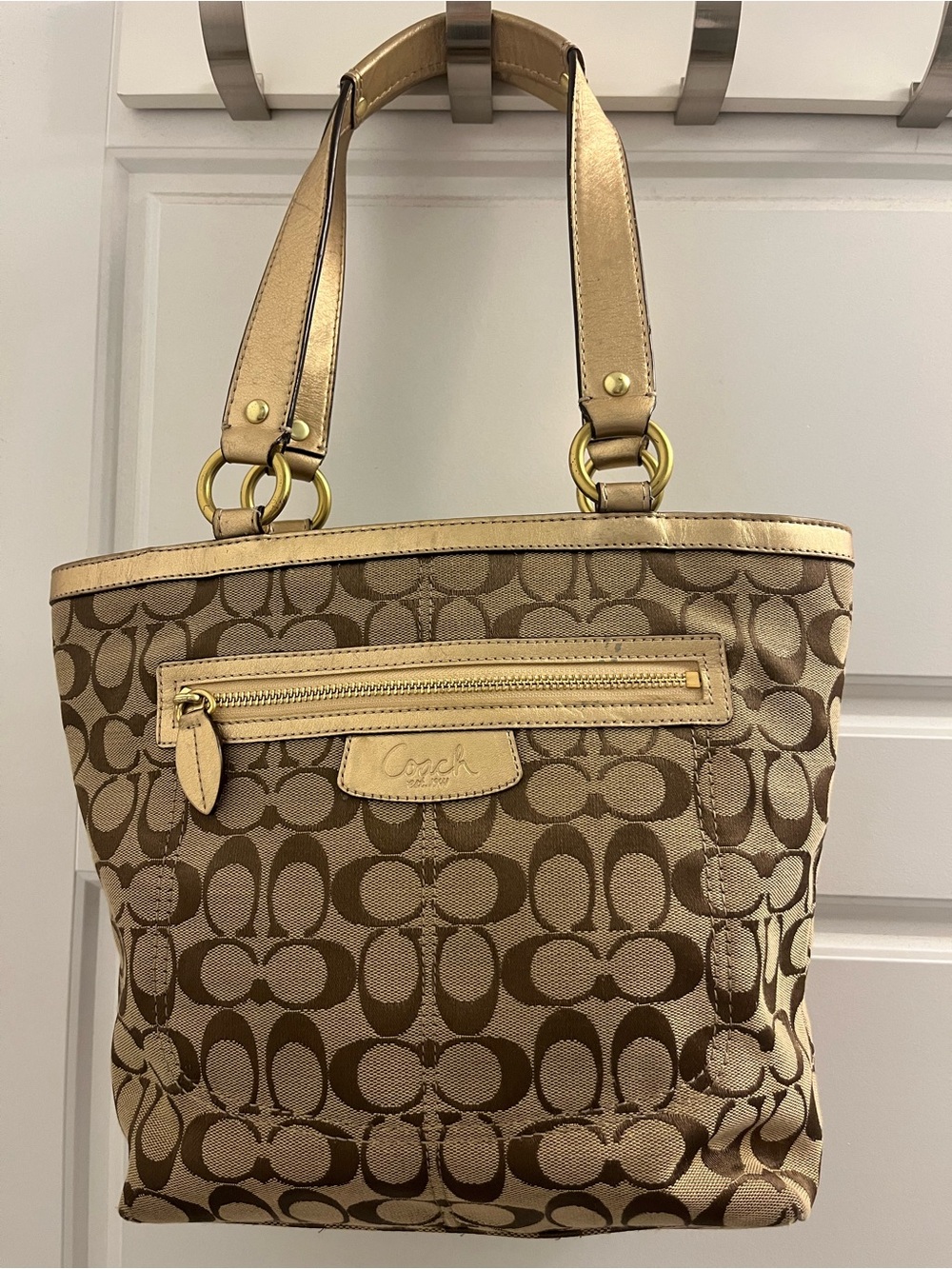 Vintage Coach Signature Canvas Tote Classic Beige/Brown With Gold Leather Accent